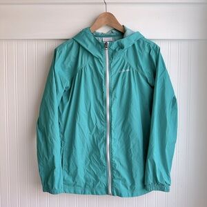 Girls Columbia 18/20 XL unlined rain wind jacket, teal